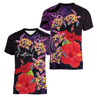 Pasifika Festival Women V-Neck T-Shirt Plumeria Turtles with Hibiscus - Polynesian Art Tattoo Purple Color