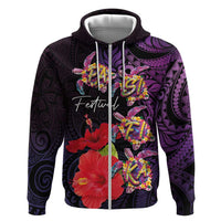 Pasifika Festival Zip Hoodie Plumeria Turtles with Hibiscus - Polynesian Art Tattoo Purple Color LT03 Zip Hoodie Purple - Polynesian Pride