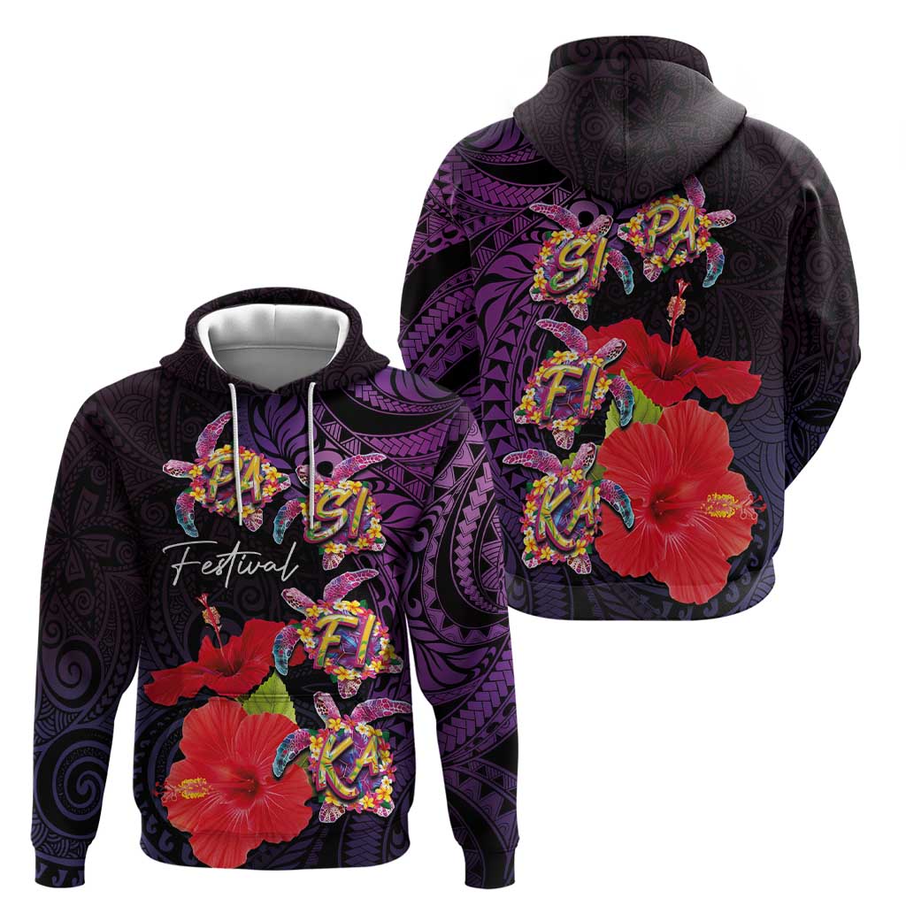 Pasifika Festival Zip Hoodie Plumeria Turtles with Hibiscus - Polynesian Art Tattoo Purple Color LT03 - Polynesian Pride
