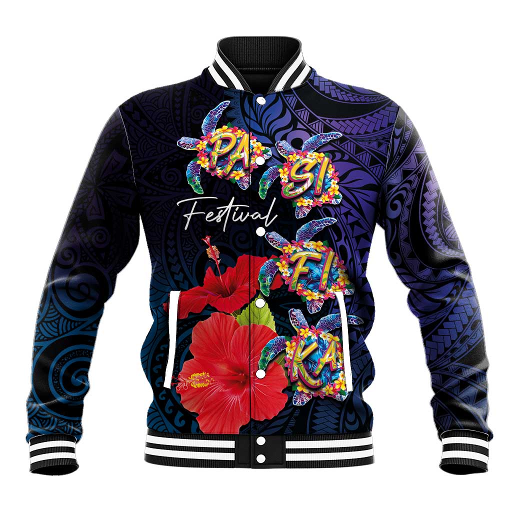 Pasifika Festival Baseball Jacket Plumeria Turtles with Hibiscus - Polynesian Art Tattoo Dark Navy Color