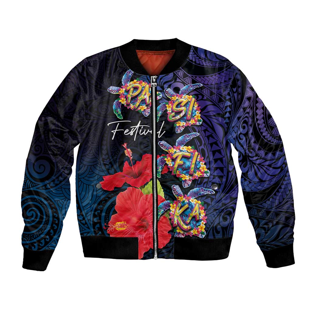 Pasifika Festival Bomber Jacket Plumeria Turtles with Hibiscus - Polynesian Art Tattoo Dark Navy Color