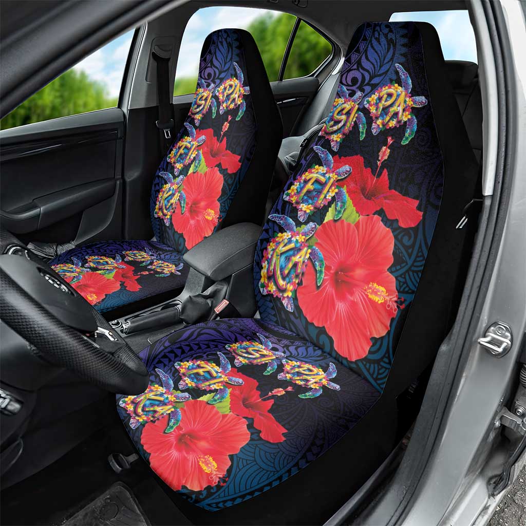 Pasifika Festival Car Seat Cover Plumeria Turtles with Hibiscus - Polynesian Art Tattoo Dark Navy Color