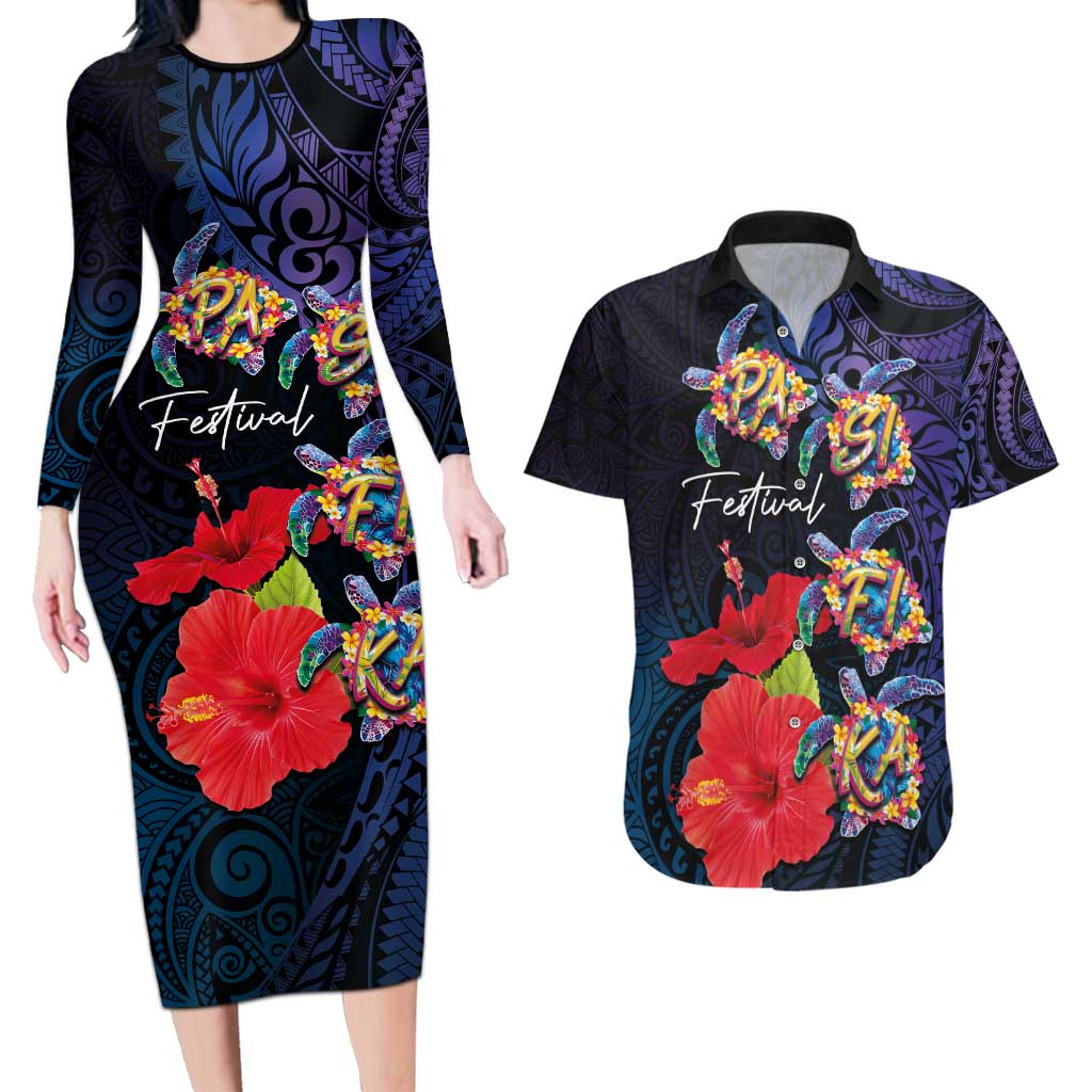 Pasifika Festival Couples Matching Long Sleeve Bodycon Dress and Hawaiian Shirt Plumeria Turtles with Hibiscus - Polynesian Art Tattoo Dark Navy Color LT03 Dark Navy - Polynesian Pride