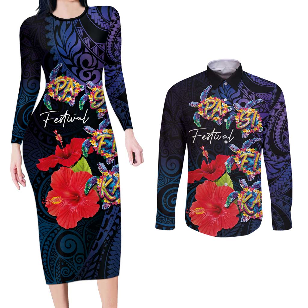 Pasifika Festival Couples Matching Long Sleeve Bodycon Dress and Long Sleeve Button Shirt Plumeria Turtles with Hibiscus - Polynesian Art Tattoo Dark Navy Color LT03 Dark Navy - Polynesian Pride