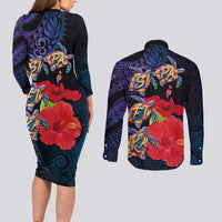Pasifika Festival Couples Matching Long Sleeve Bodycon Dress and Long Sleeve Button Shirt Plumeria Turtles with Hibiscus - Polynesian Art Tattoo Dark Navy Color LT03 - Polynesian Pride