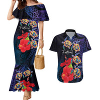 Pasifika Festival Couples Matching Mermaid Dress and Hawaiian Shirt Plumeria Turtles with Hibiscus - Polynesian Art Tattoo Dark Navy Color LT03 Dark Navy - Polynesian Pride