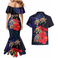 Pasifika Festival Couples Matching Mermaid Dress and Hawaiian Shirt Plumeria Turtles with Hibiscus - Polynesian Art Tattoo Dark Navy Color LT03 - Polynesian Pride