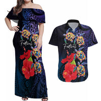 Pasifika Festival Couples Matching Off Shoulder Maxi Dress and Hawaiian Shirt Plumeria Turtles with Hibiscus - Polynesian Art Tattoo Dark Navy Color LT03 Dark Navy - Polynesian Pride
