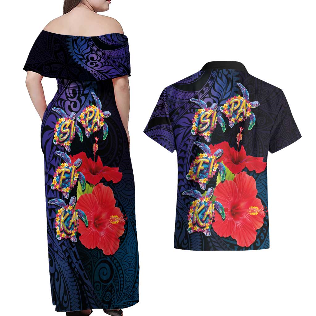 Pasifika Festival Couples Matching Off Shoulder Maxi Dress and Hawaiian Shirt Plumeria Turtles with Hibiscus - Polynesian Art Tattoo Dark Navy Color LT03 - Polynesian Pride