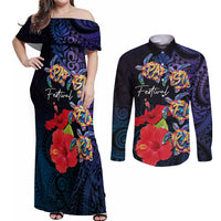 Pasifika Festival Couples Matching Off Shoulder Maxi Dress and Long Sleeve Button Shirt Plumeria Turtles with Hibiscus - Polynesian Art Tattoo Dark Navy Color LT03 Dark Navy - Polynesian Pride