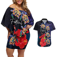 Pasifika Festival Couples Matching Off Shoulder Short Dress and Hawaiian Shirt Plumeria Turtles with Hibiscus - Polynesian Art Tattoo Dark Navy Color LT03 Dark Navy - Polynesian Pride