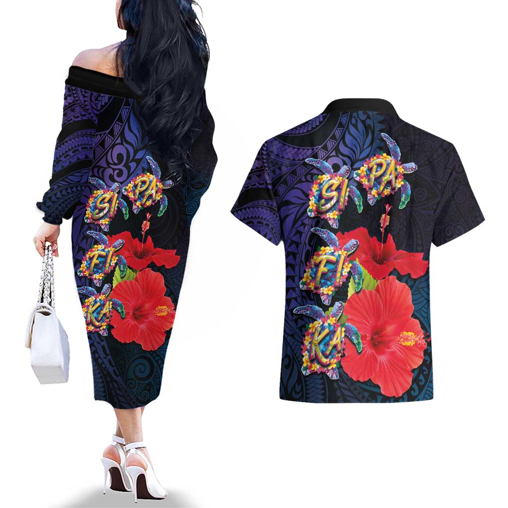 Pasifika Festival Couples Matching Off The Shoulder Long Sleeve Dress and Hawaiian Shirt Plumeria Turtles with Hibiscus - Polynesian Art Tattoo Dark Navy Color LT03 - Polynesian Pride