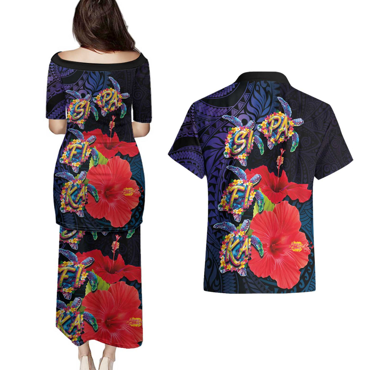 Pasifika Festival Couples Matching Puletasi and Hawaiian Shirt Plumeria Turtles with Hibiscus - Polynesian Art Tattoo Dark Navy Color LT03 - Polynesian Pride