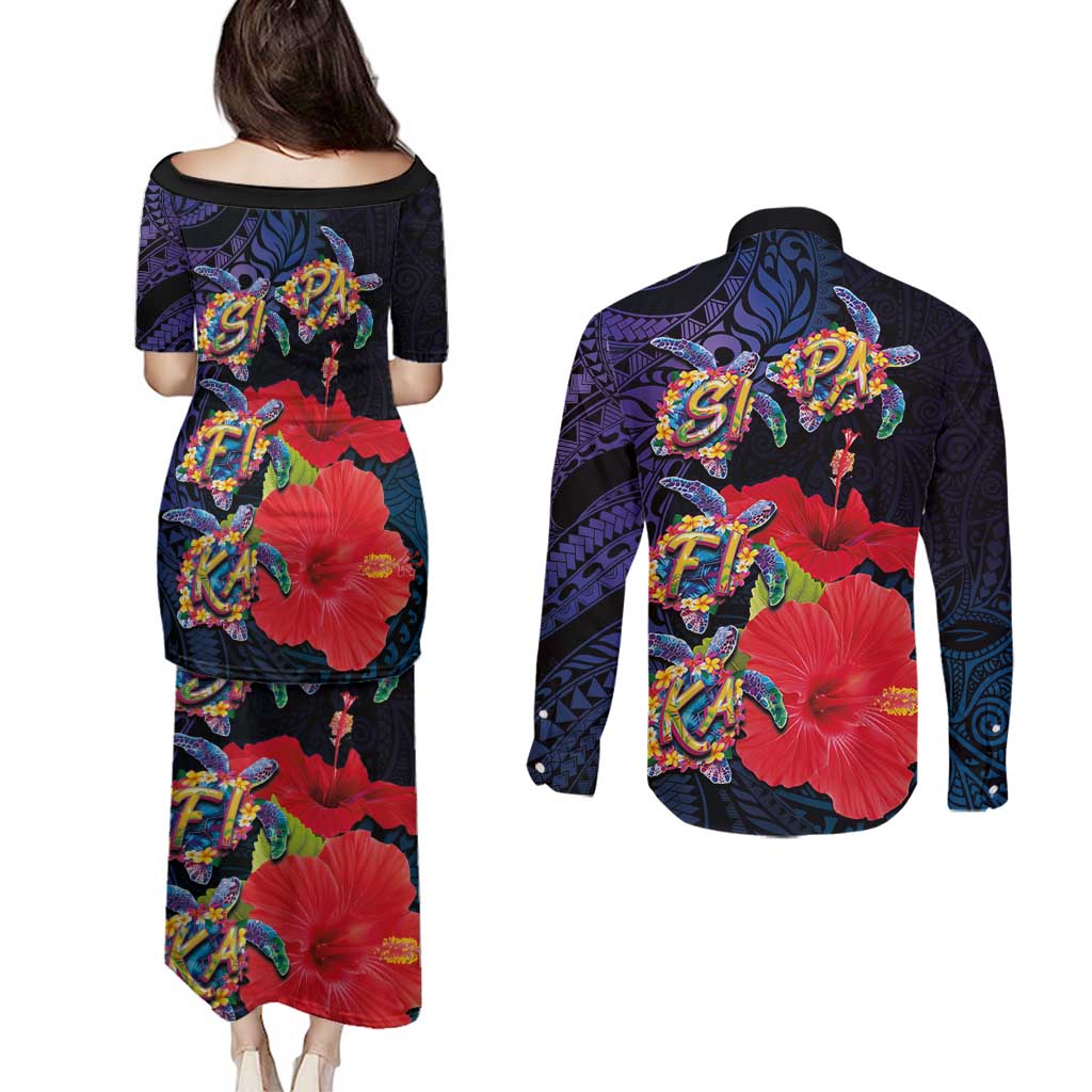 Pasifika Festival Couples Matching Puletasi and Long Sleeve Button Shirt Plumeria Turtles with Hibiscus - Polynesian Art Tattoo Dark Navy Color LT03 - Polynesian Pride