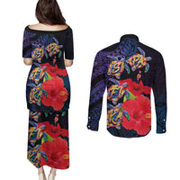 Pasifika Festival Couples Matching Puletasi and Long Sleeve Button Shirt Plumeria Turtles with Hibiscus - Polynesian Art Tattoo Dark Navy Color LT03 - Polynesian Pride