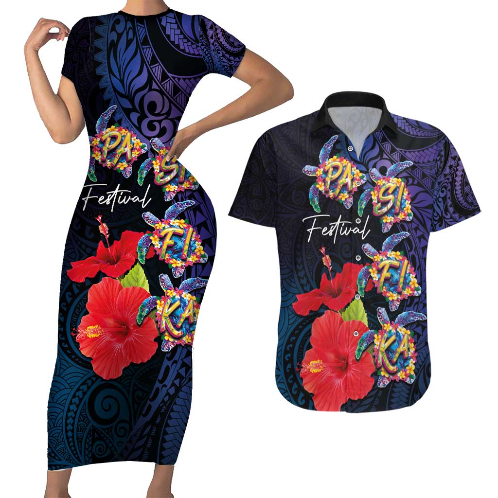 Pasifika Festival Couples Matching Short Sleeve Bodycon Dress and Hawaiian Shirt Plumeria Turtles with Hibiscus - Polynesian Art Tattoo Dark Navy Color LT03 Dark Navy - Polynesian Pride