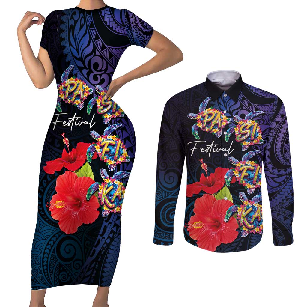 Pasifika Festival Couples Matching Short Sleeve Bodycon Dress and Long Sleeve Button Shirt Plumeria Turtles with Hibiscus - Polynesian Art Tattoo Dark Navy Color LT03 Dark Navy - Polynesian Pride