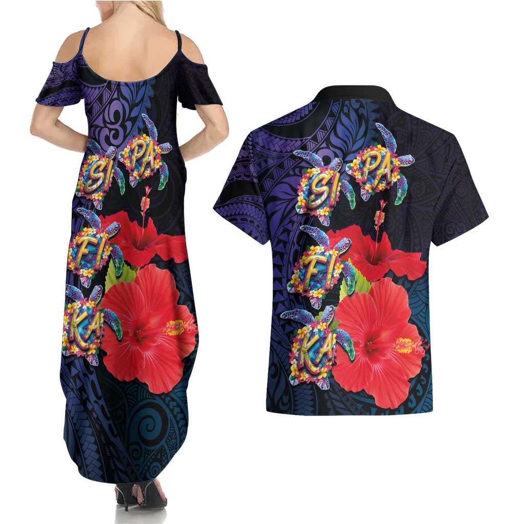 Pasifika Festival Couples Matching Summer Maxi Dress and Hawaiian Shirt Plumeria Turtles with Hibiscus - Polynesian Art Tattoo Dark Navy Color LT03 - Polynesian Pride