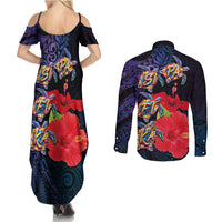 Pasifika Festival Couples Matching Summer Maxi Dress and Long Sleeve Button Shirt Plumeria Turtles with Hibiscus - Polynesian Art Tattoo Dark Navy Color LT03 - Polynesian Pride