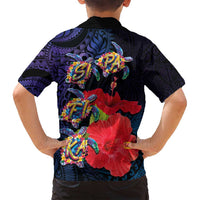 Pasifika Festival Family Matching Long Sleeve Bodycon Dress and Hawaiian Shirt Plumeria Turtles with Hibiscus - Polynesian Art Tattoo Dark Navy Color LT03 - Polynesian Pride