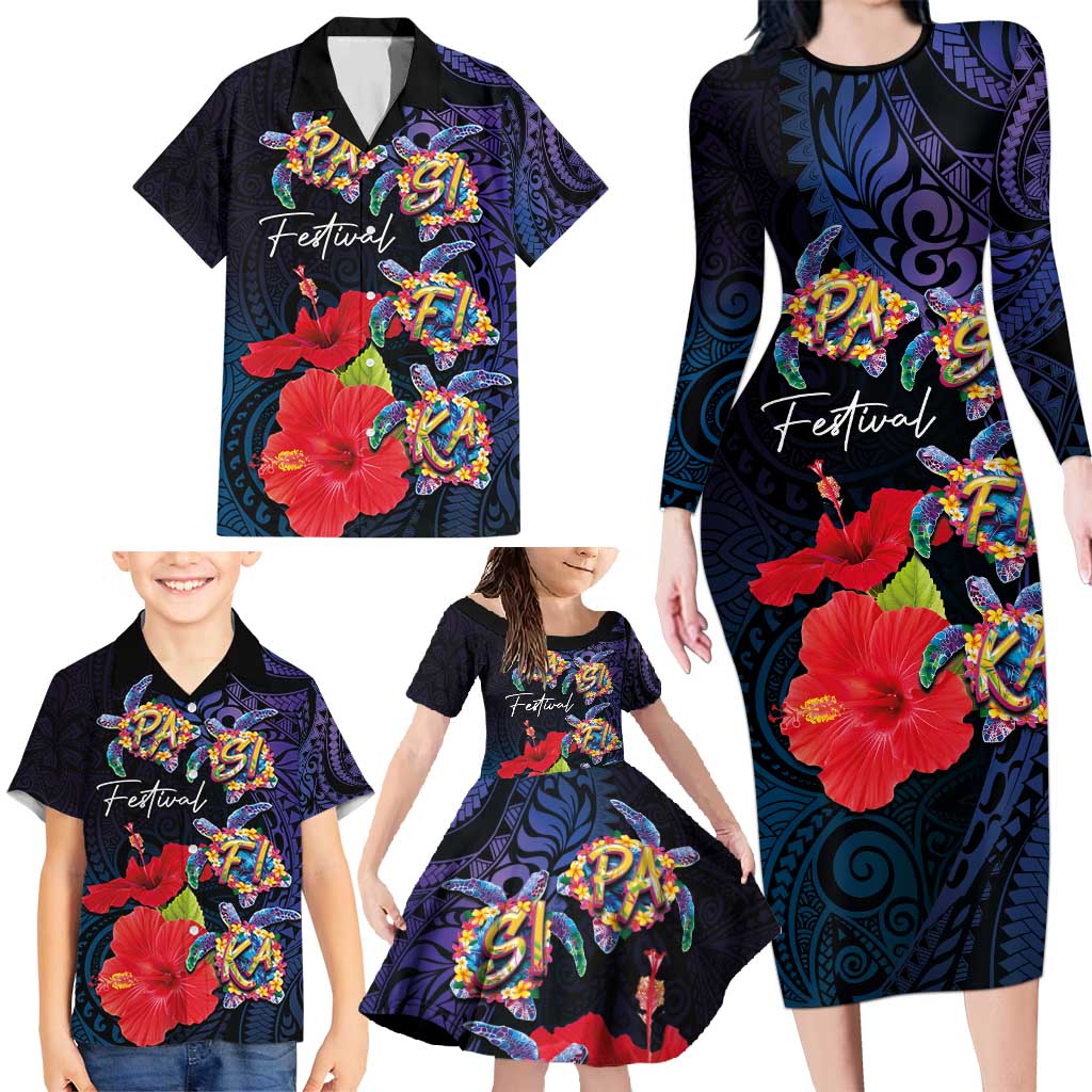 Pasifika Festival Family Matching Long Sleeve Bodycon Dress and Hawaiian Shirt Plumeria Turtles with Hibiscus - Polynesian Art Tattoo Dark Navy Color LT03 - Polynesian Pride