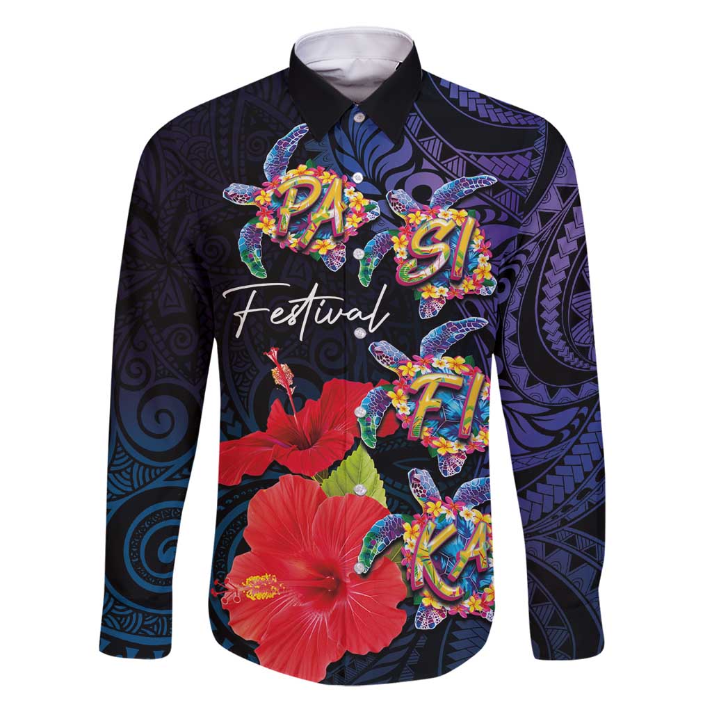 Pasifika Festival Family Matching Long Sleeve Bodycon Dress and Hawaiian Shirt Plumeria Turtles with Hibiscus - Polynesian Art Tattoo Dark Navy Color LT03 Dad's Shirt - Long Sleeve Dark Navy - Polynesian Pride