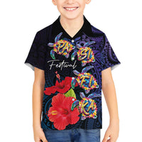 Pasifika Festival Family Matching Long Sleeve Bodycon Dress and Hawaiian Shirt Plumeria Turtles with Hibiscus - Polynesian Art Tattoo Dark Navy Color LT03 Son's Shirt Dark Navy - Polynesian Pride