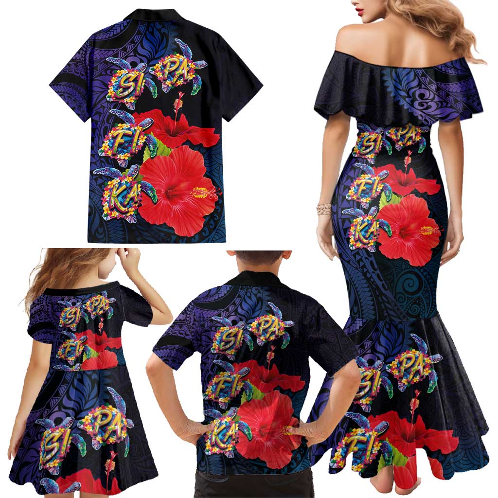 Pasifika Festival Family Matching Mermaid Dress and Hawaiian Shirt Plumeria Turtles with Hibiscus - Polynesian Art Tattoo Dark Navy Color LT03 - Polynesian Pride