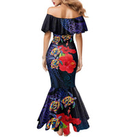 Pasifika Festival Family Matching Mermaid Dress and Hawaiian Shirt Plumeria Turtles with Hibiscus - Polynesian Art Tattoo Dark Navy Color LT03 - Polynesian Pride