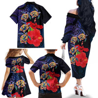 Pasifika Festival Family Matching Off The Shoulder Long Sleeve Dress and Hawaiian Shirt Plumeria Turtles with Hibiscus - Polynesian Art Tattoo Dark Navy Color LT03 - Polynesian Pride