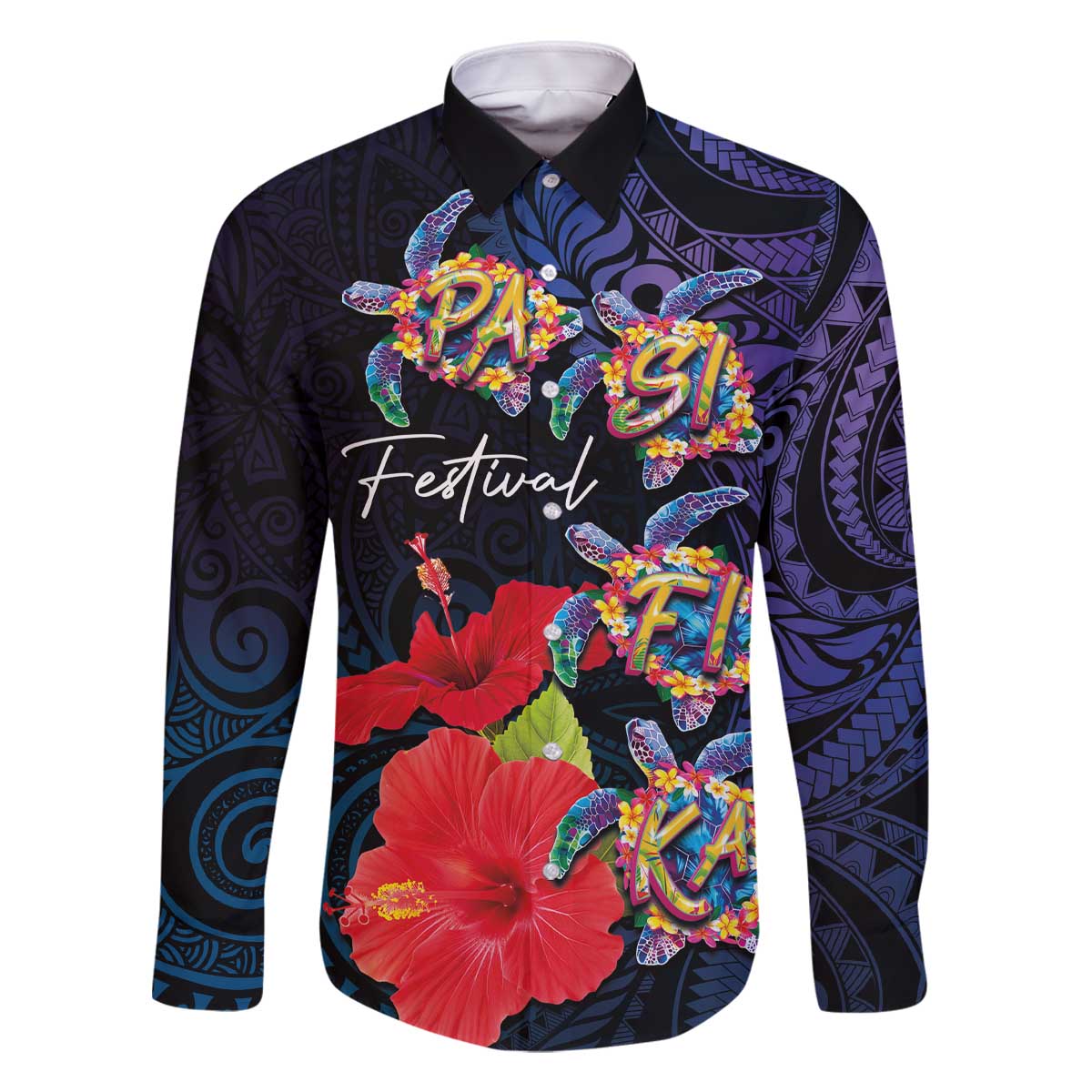 Pasifika Festival Family Matching Off The Shoulder Long Sleeve Dress and Hawaiian Shirt Plumeria Turtles with Hibiscus - Polynesian Art Tattoo Dark Navy Color LT03 Dad's Shirt - Long Sleeve Dark Navy - Polynesian Pride