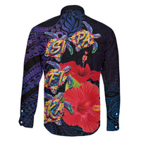 Pasifika Festival Family Matching Off The Shoulder Long Sleeve Dress and Hawaiian Shirt Plumeria Turtles with Hibiscus - Polynesian Art Tattoo Dark Navy Color LT03 - Polynesian Pride