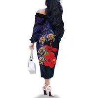 Pasifika Festival Family Matching Off The Shoulder Long Sleeve Dress and Hawaiian Shirt Plumeria Turtles with Hibiscus - Polynesian Art Tattoo Dark Navy Color LT03 - Polynesian Pride