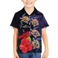 Pasifika Festival Family Matching Off The Shoulder Long Sleeve Dress and Hawaiian Shirt Plumeria Turtles with Hibiscus - Polynesian Art Tattoo Dark Navy Color LT03 Son's Shirt Dark Navy - Polynesian Pride