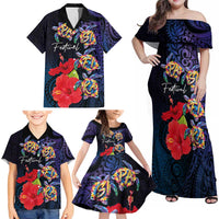 Pasifika Festival Family Matching Off Shoulder Maxi Dress and Hawaiian Shirt Plumeria Turtles with Hibiscus - Polynesian Art Tattoo Dark Navy Color LT03 - Polynesian Pride
