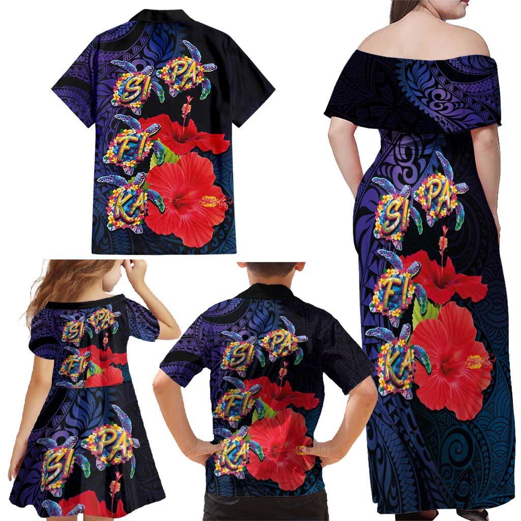 Pasifika Festival Family Matching Off Shoulder Maxi Dress and Hawaiian Shirt Plumeria Turtles with Hibiscus - Polynesian Art Tattoo Dark Navy Color LT03 - Polynesian Pride