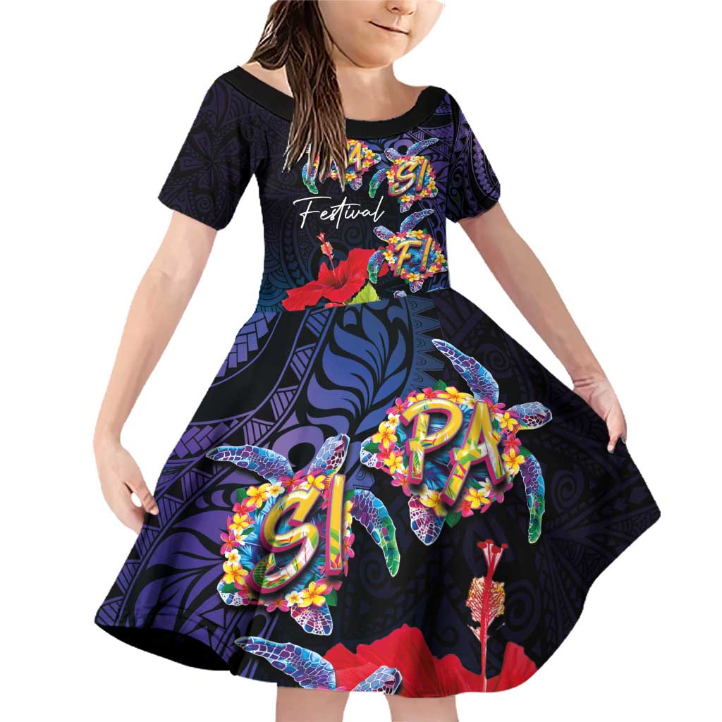 Pasifika Festival Family Matching Off Shoulder Short Dress and Hawaiian Shirt Plumeria Turtles with Hibiscus - Polynesian Art Tattoo Dark Navy Color LT03 Daughter's Dress Dark Navy - Polynesian Pride
