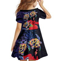 Pasifika Festival Family Matching Off Shoulder Short Dress and Hawaiian Shirt Plumeria Turtles with Hibiscus - Polynesian Art Tattoo Dark Navy Color LT03 - Polynesian Pride