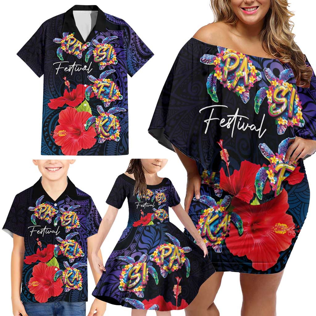 Pasifika Festival Family Matching Off Shoulder Short Dress and Hawaiian Shirt Plumeria Turtles with Hibiscus - Polynesian Art Tattoo Dark Navy Color LT03 - Polynesian Pride