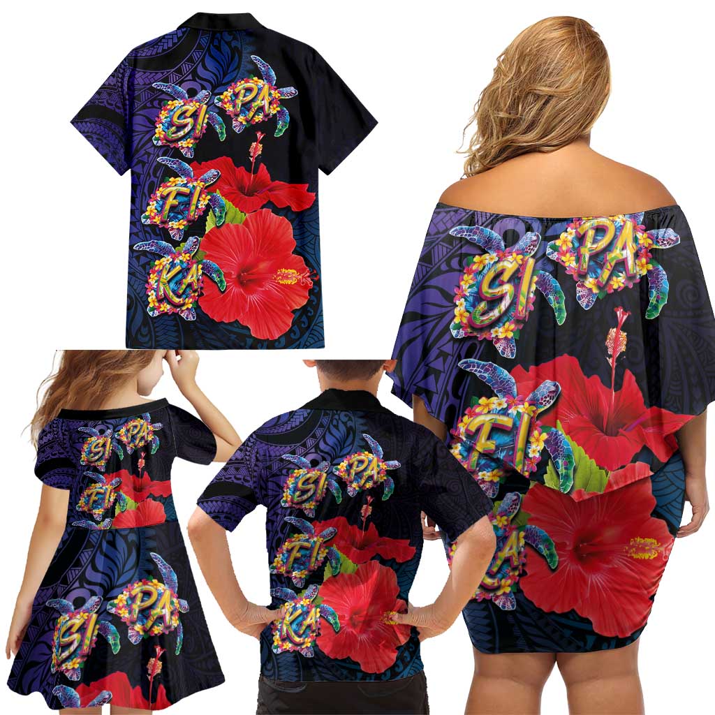 Pasifika Festival Family Matching Off Shoulder Short Dress and Hawaiian Shirt Plumeria Turtles with Hibiscus - Polynesian Art Tattoo Dark Navy Color LT03 - Polynesian Pride