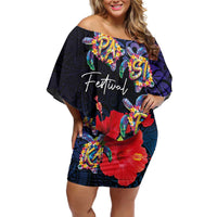 Pasifika Festival Family Matching Off Shoulder Short Dress and Hawaiian Shirt Plumeria Turtles with Hibiscus - Polynesian Art Tattoo Dark Navy Color LT03 Mom's Dress Dark Navy - Polynesian Pride