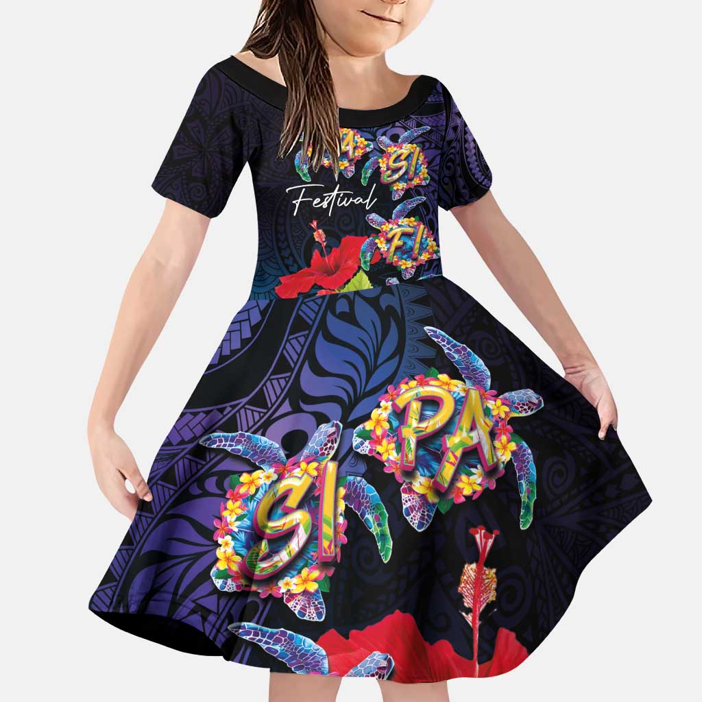 Pasifika Festival Family Matching Puletasi and Hawaiian Shirt Plumeria Turtles with Hibiscus - Polynesian Art Tattoo Dark Navy Color LT03 Daughter's Dress Dark Navy - Polynesian Pride