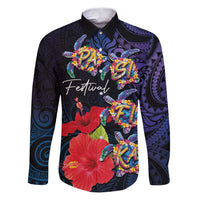 Pasifika Festival Family Matching Puletasi and Hawaiian Shirt Plumeria Turtles with Hibiscus - Polynesian Art Tattoo Dark Navy Color LT03 Dad's Shirt - Long Sleeve Dark Navy - Polynesian Pride