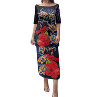 Pasifika Festival Family Matching Puletasi and Hawaiian Shirt Plumeria Turtles with Hibiscus - Polynesian Art Tattoo Dark Navy Color LT03 Mom's Dress Dark Navy - Polynesian Pride