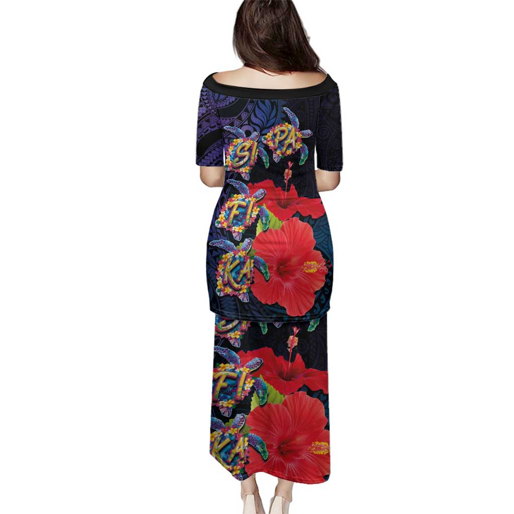 Pasifika Festival Family Matching Puletasi and Hawaiian Shirt Plumeria Turtles with Hibiscus - Polynesian Art Tattoo Dark Navy Color LT03 - Polynesian Pride