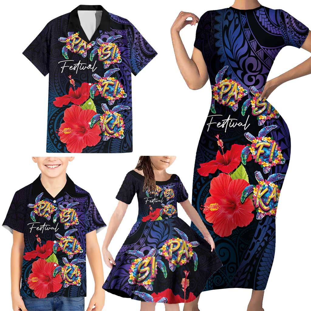 Pasifika Festival Family Matching Short Sleeve Bodycon Dress and Hawaiian Shirt Plumeria Turtles with Hibiscus - Polynesian Art Tattoo Dark Navy Color LT03 - Polynesian Pride