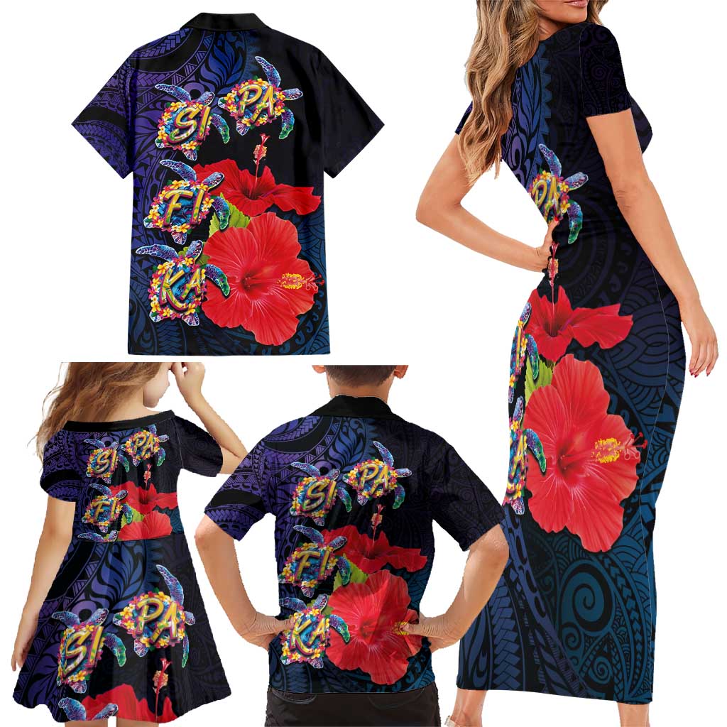 Pasifika Festival Family Matching Short Sleeve Bodycon Dress and Hawaiian Shirt Plumeria Turtles with Hibiscus - Polynesian Art Tattoo Dark Navy Color LT03 - Polynesian Pride