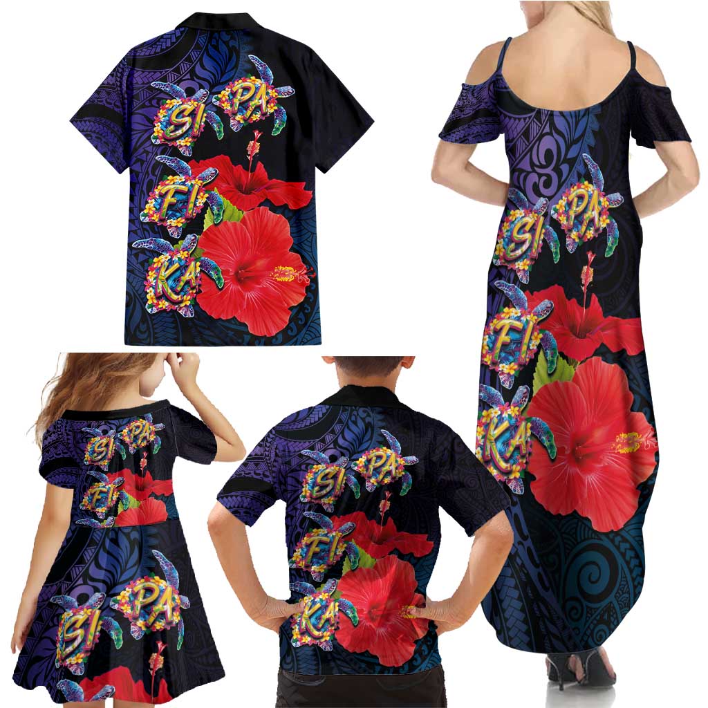 Pasifika Festival Family Matching Summer Maxi Dress and Hawaiian Shirt Plumeria Turtles with Hibiscus - Polynesian Art Tattoo Dark Navy Color LT03 - Polynesian Pride