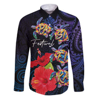 Pasifika Festival Family Matching Summer Maxi Dress and Hawaiian Shirt Plumeria Turtles with Hibiscus - Polynesian Art Tattoo Dark Navy Color LT03 Dad's Shirt - Long Sleeve Dark Navy - Polynesian Pride