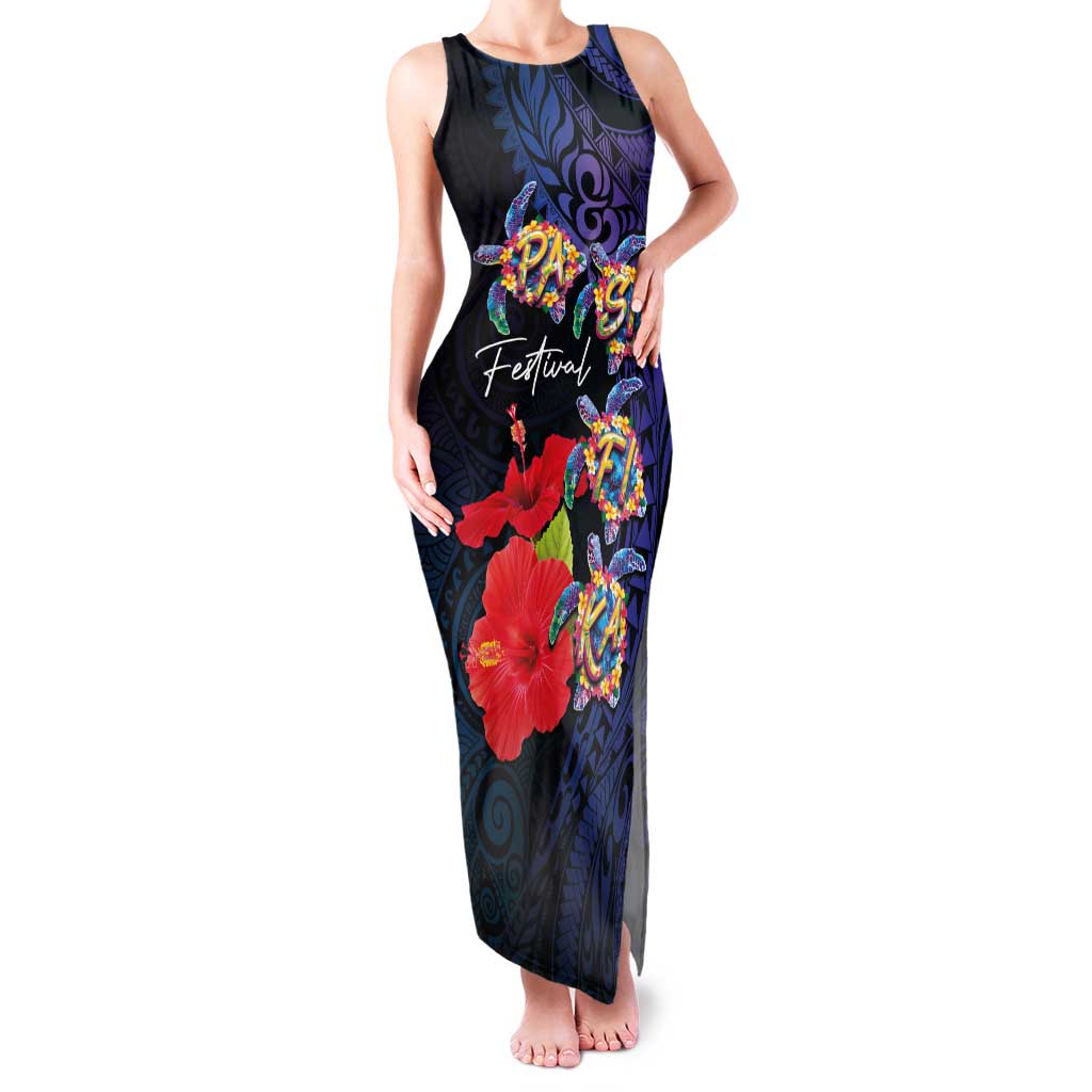 Pasifika Festival Family Matching Tank Maxi Dress and Hawaiian Shirt Plumeria Turtles with Hibiscus - Polynesian Art Tattoo Dark Navy Color LT03 Mom's Dress Dark Navy - Polynesian Pride